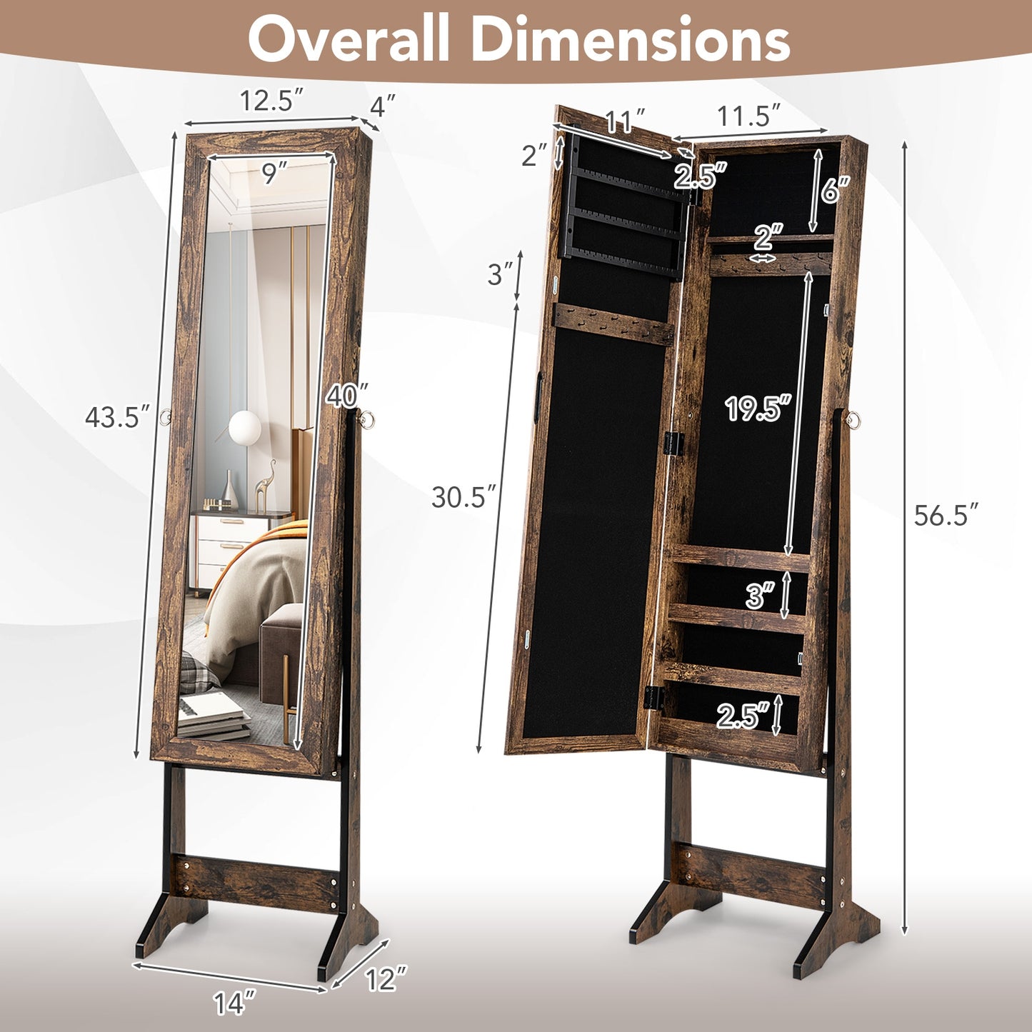 Mirrored Standing Jewelry Cabinet Storage Box-Brown Kids Crystal