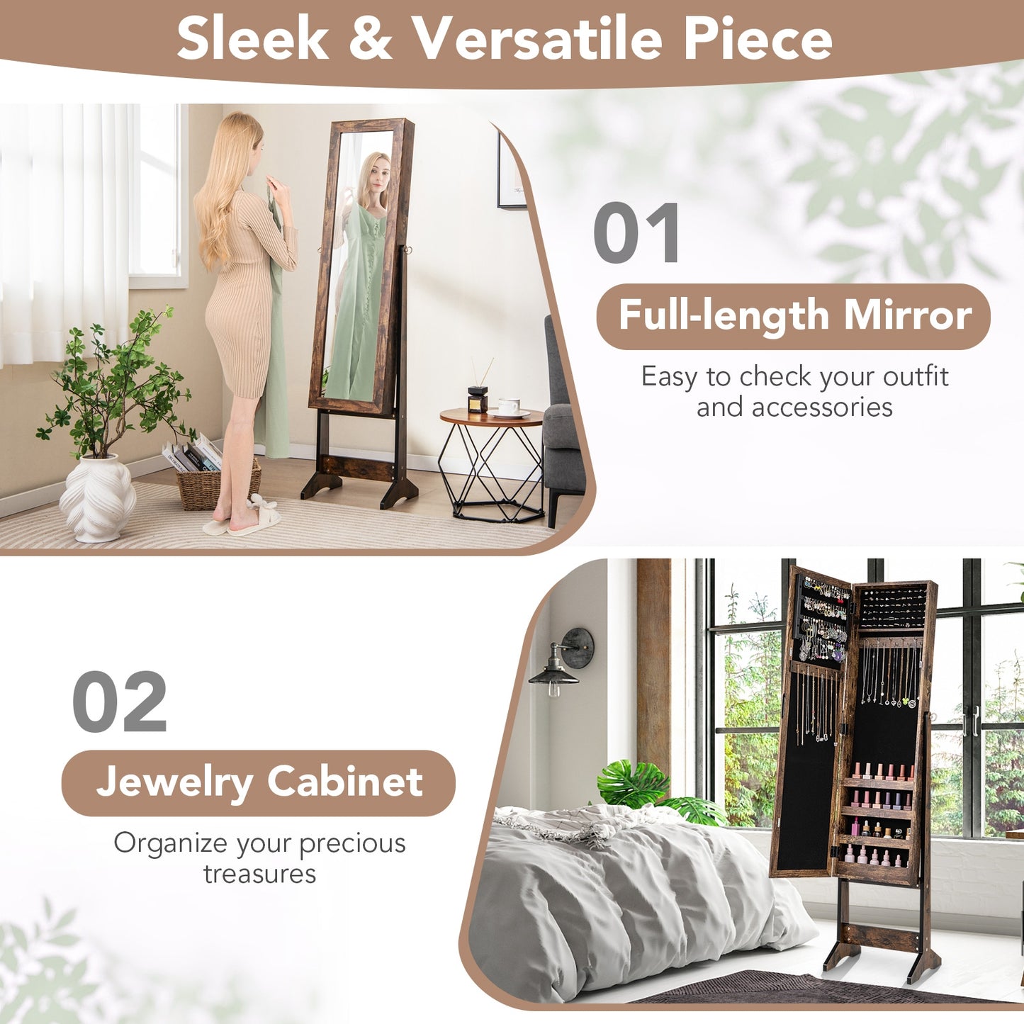 Mirrored Standing Jewelry Cabinet Storage Box-Brown Kids Crystal