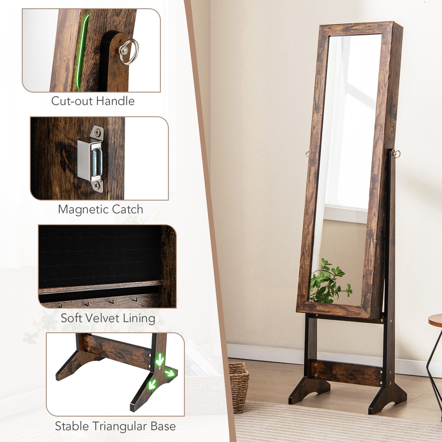 Mirrored Standing Jewelry Cabinet Storage Box-Brown Kids Crystal