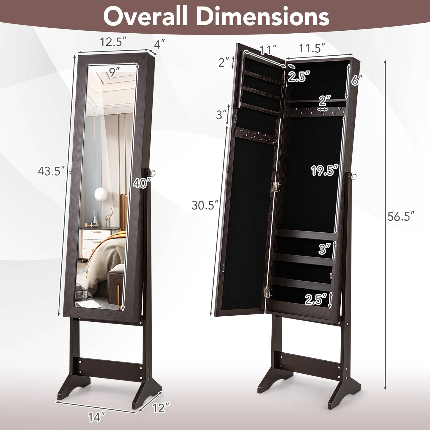 Mirrored Standing Jewelry Cabinet Storage Box-Rustic Brown Kids Crystal