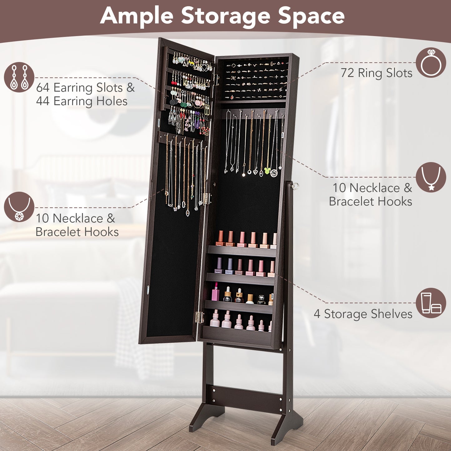 Mirrored Standing Jewelry Cabinet Storage Box-Rustic Brown Kids Crystal