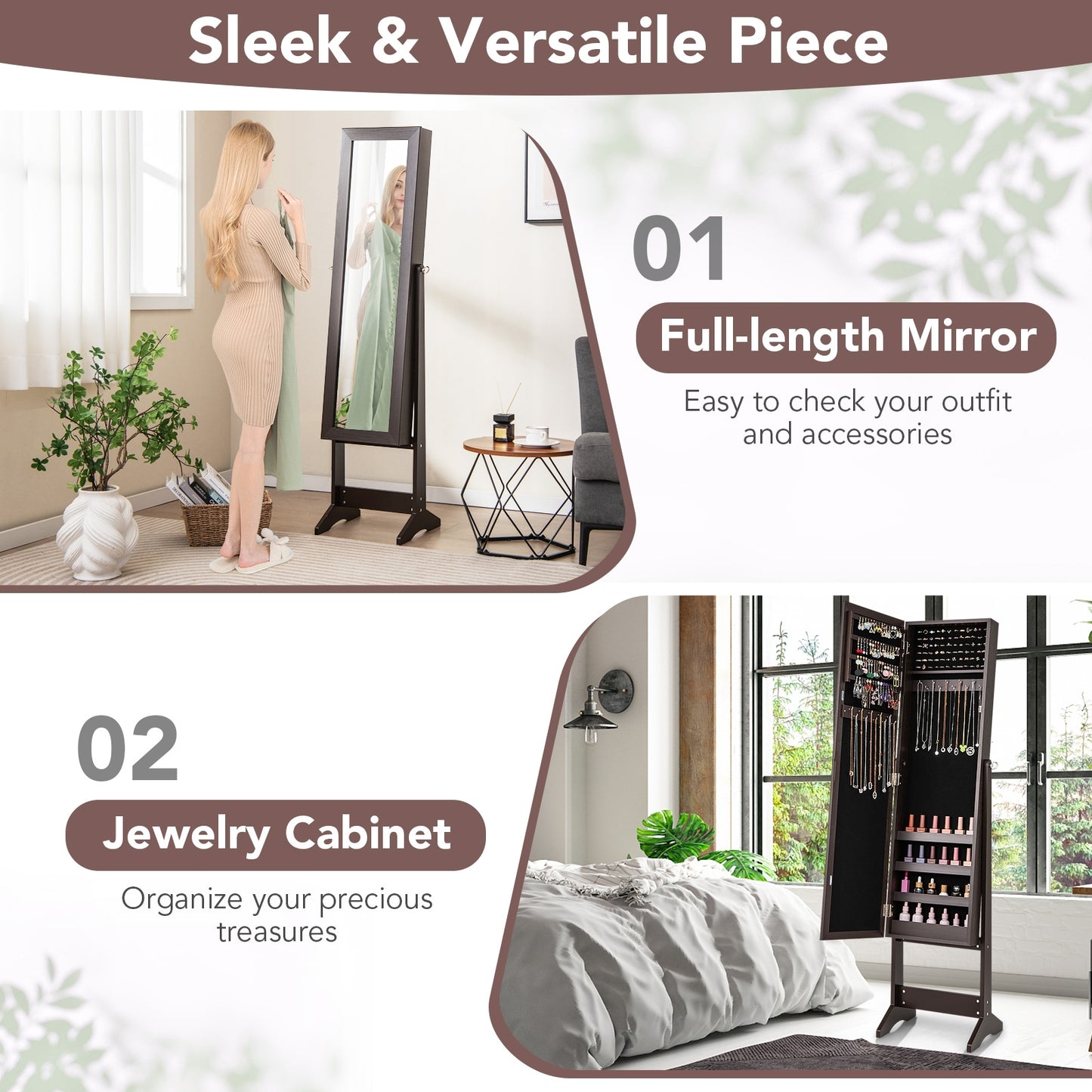 Mirrored Standing Jewelry Cabinet Storage Box-Rustic Brown Kids Crystal