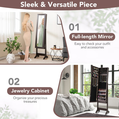 Mirrored Standing Jewelry Cabinet Storage Box-Rustic Brown