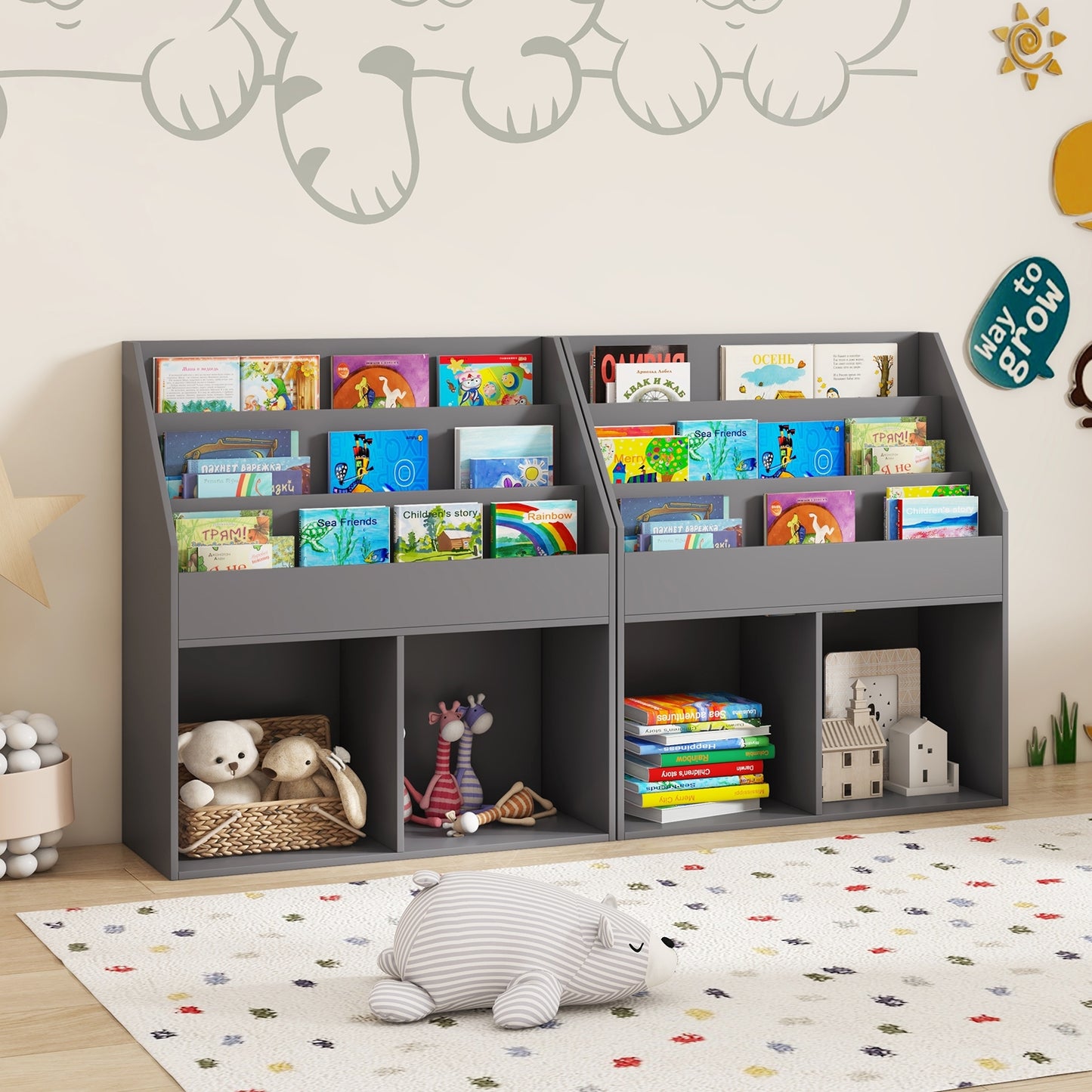 Kids Wooden Bookshelf Bookcase Children Toy Storage Cabinet Organizer-Gray Kids Crystal