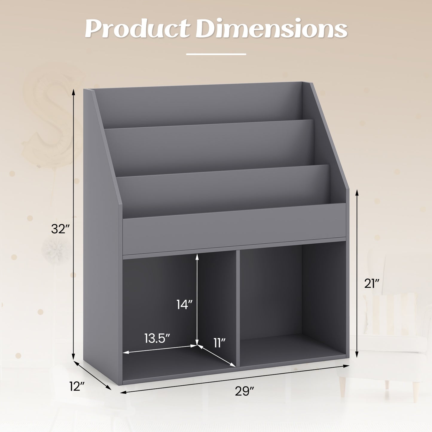 Kids Wooden Bookshelf Bookcase Children Toy Storage Cabinet Organizer-Gray Kids Crystal