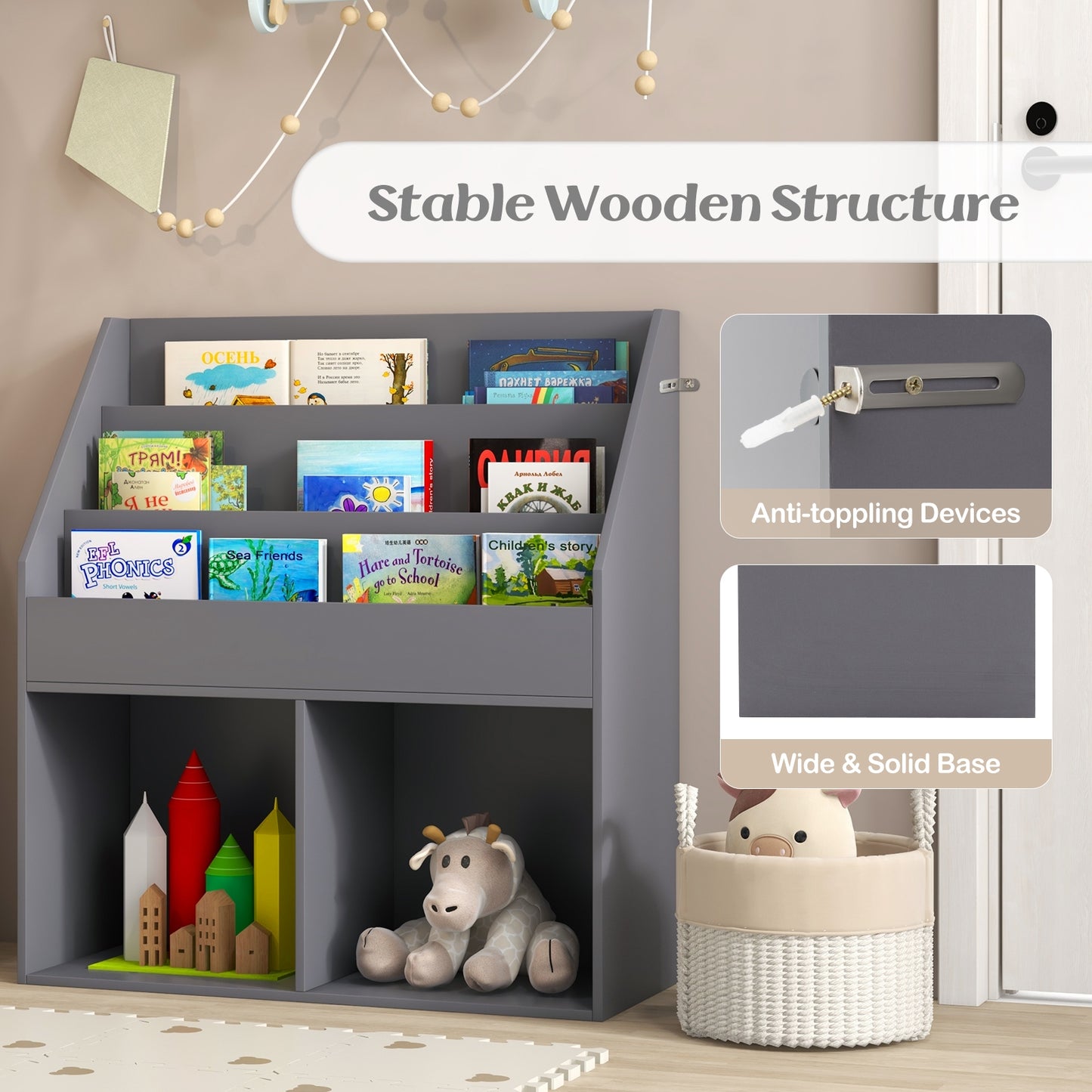 Kids Wooden Bookshelf Bookcase Children Toy Storage Cabinet Organizer-Gray Kids Crystal