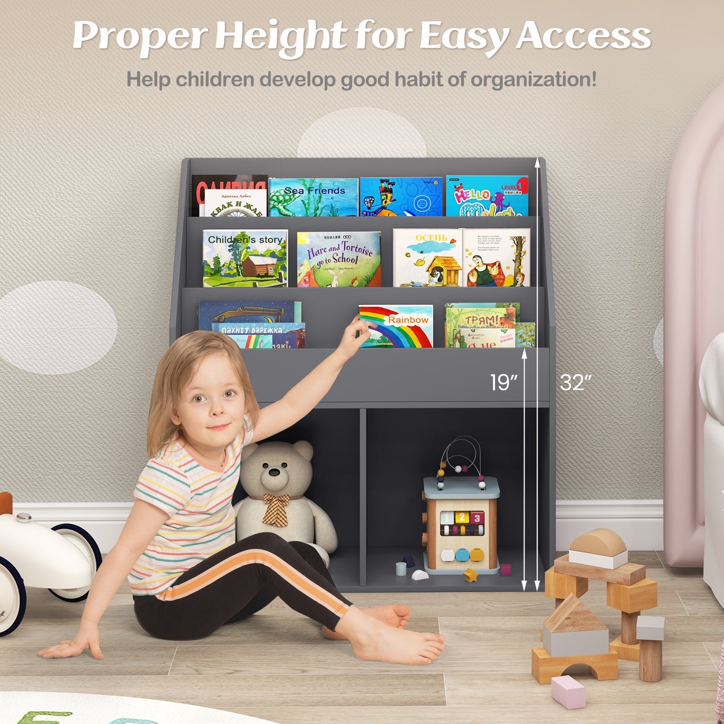 Kids Wooden Bookshelf Bookcase Children Toy Storage Cabinet Organizer-Gray Kids Crystal