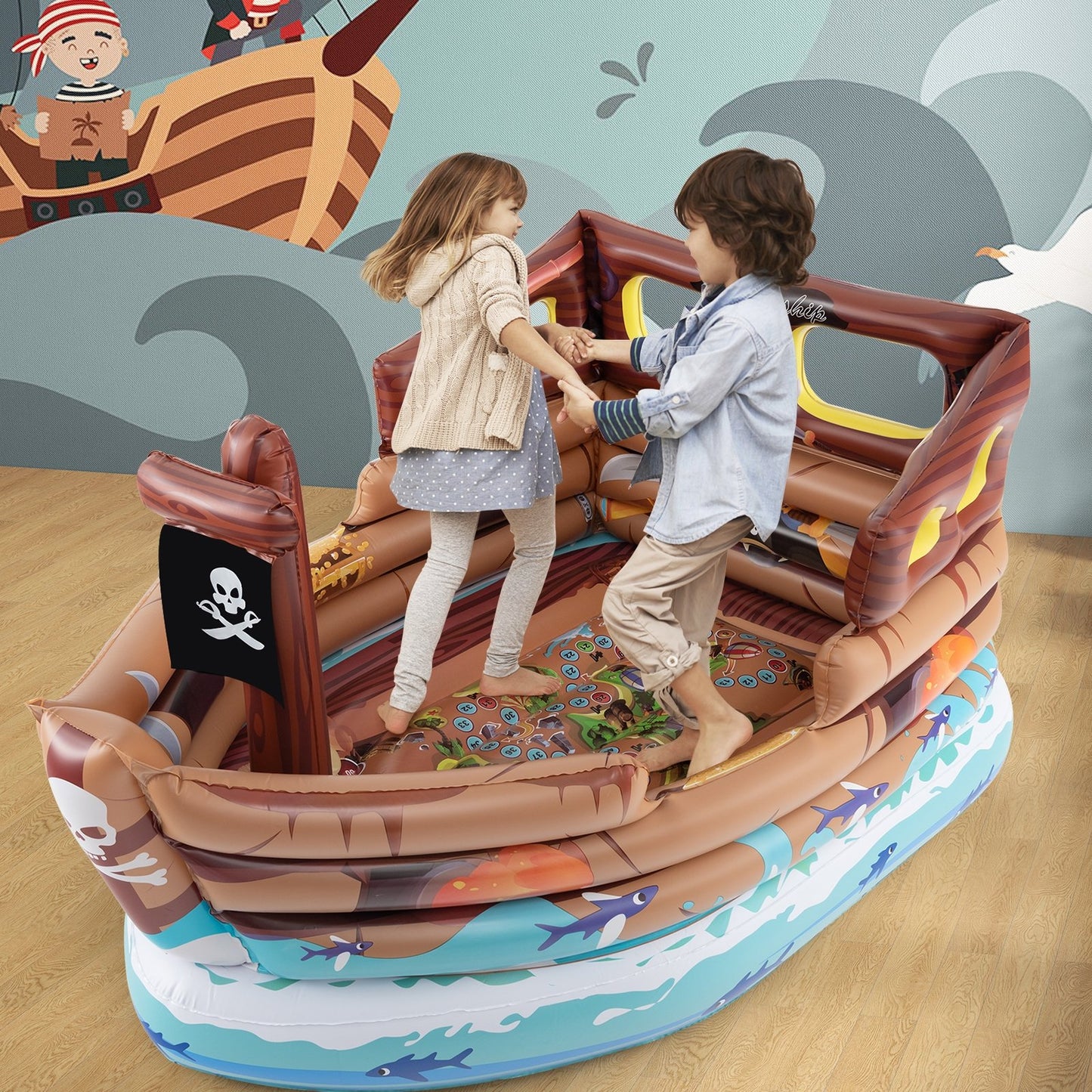 Inflatable Pirate Ship Playhouse with Built-in Motor and Inflatable Toy Sword-Brown Kids Crystal