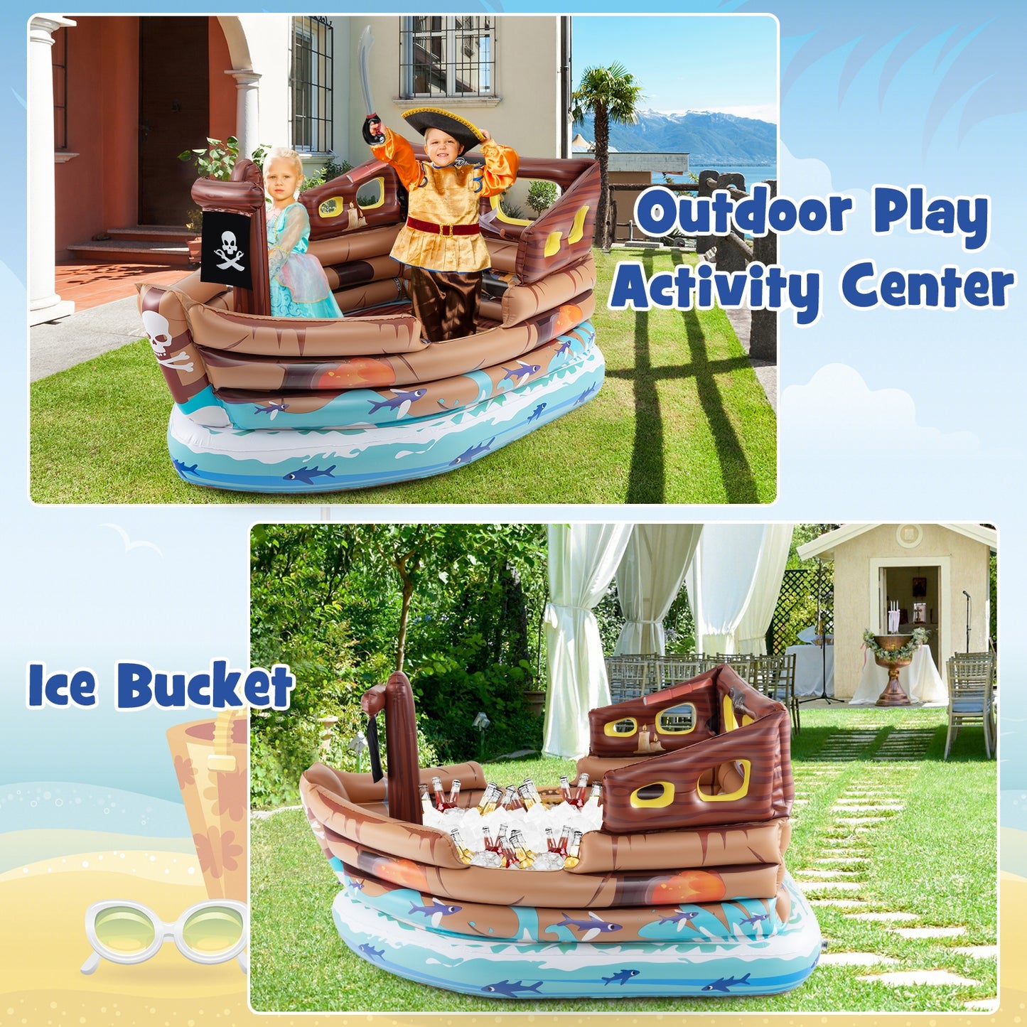 Inflatable Pirate Ship Playhouse with Built-in Motor and Inflatable Toy Sword-Brown Kids Crystal