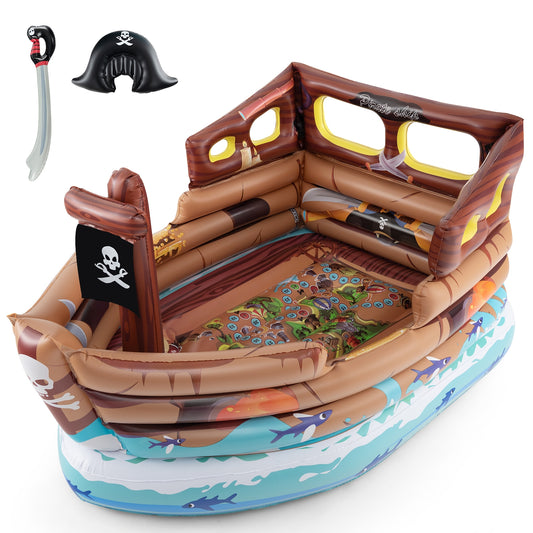 Inflatable Pirate Ship Playhouse with Built-in Motor and Inflatable Toy Sword-Brown Kids Crystal