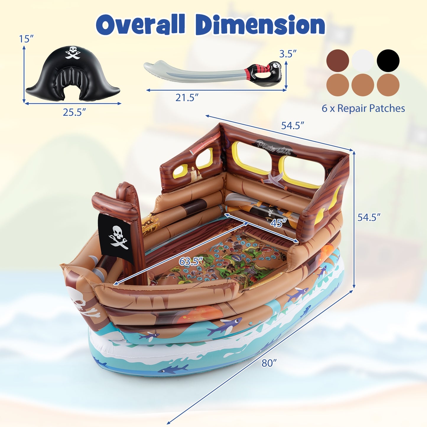 Inflatable Pirate Ship Playhouse with Built-in Motor and Inflatable Toy Sword-Brown Kids Crystal