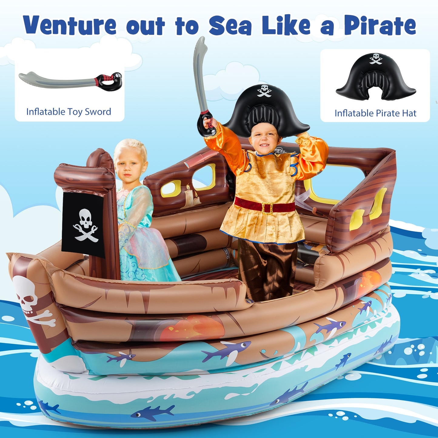 Inflatable Pirate Ship Playhouse with Built-in Motor and Inflatable Toy Sword-Brown Kids Crystal