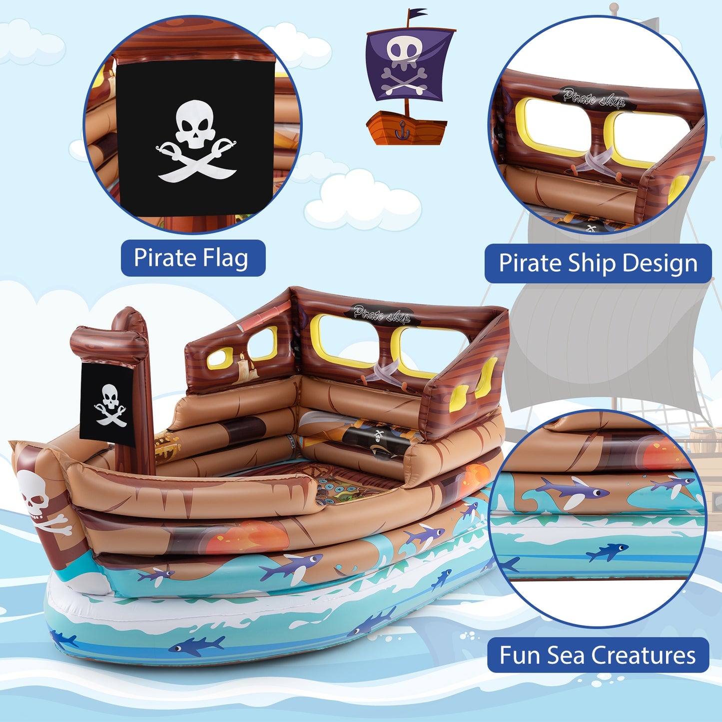 Inflatable Pirate Ship Playhouse with Built-in Motor and Inflatable Toy Sword-Brown Kids Crystal