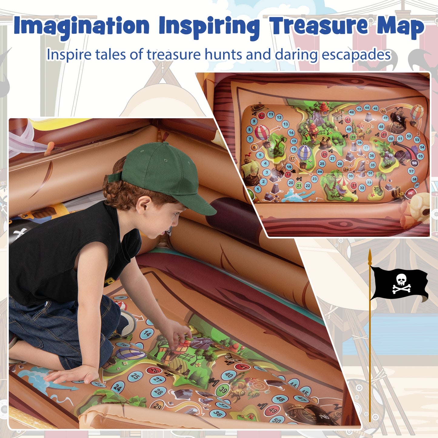 Inflatable Pirate Ship Playhouse with Built-in Motor and Inflatable Toy Sword-Brown Kids Crystal