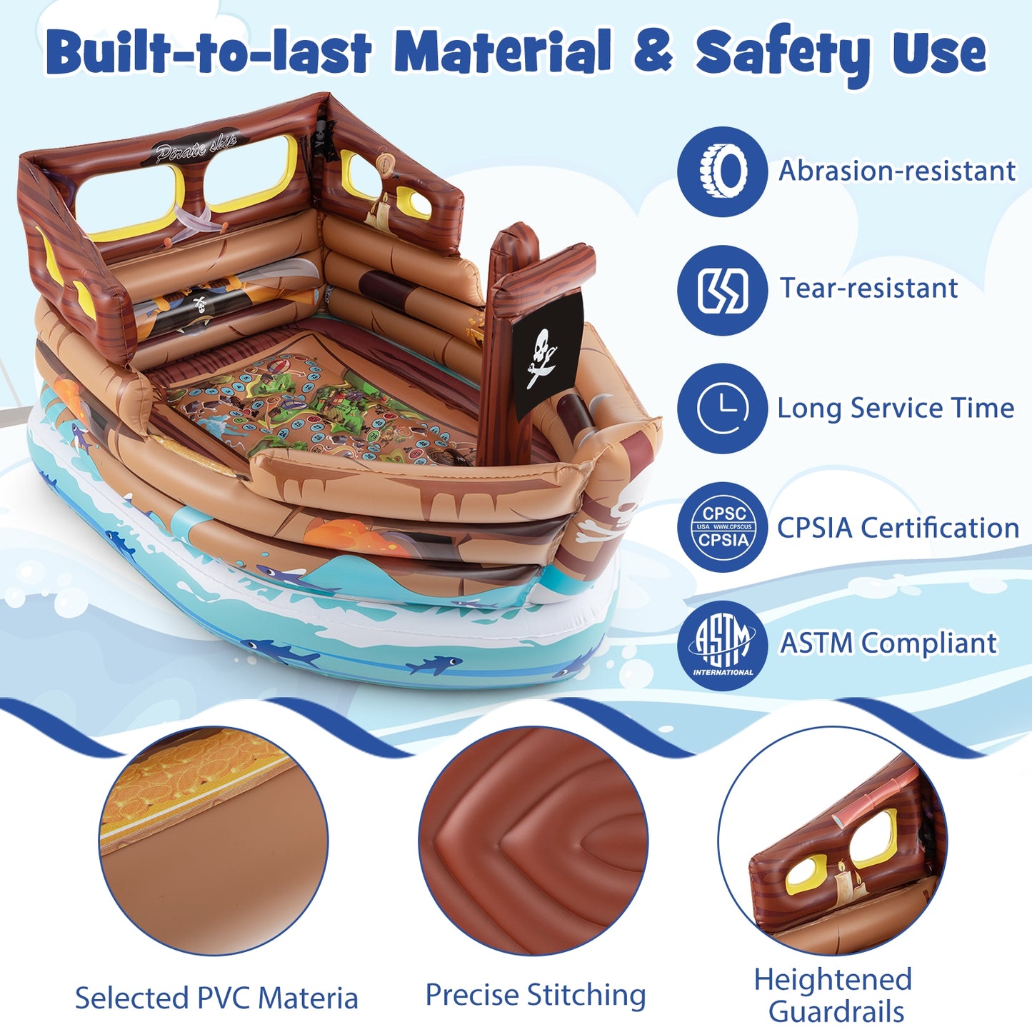Inflatable Pirate Ship Playhouse with Built-in Motor and Inflatable Toy Sword-Brown Kids Crystal