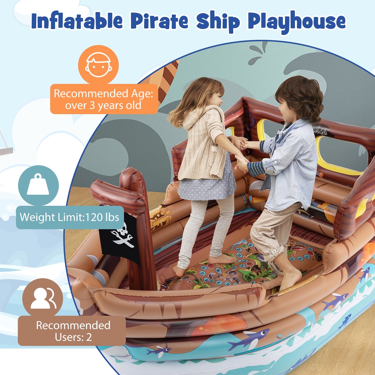 Inflatable Pirate Ship Playhouse with Built-in Motor and Inflatable Toy Sword-Brown Kids Crystal