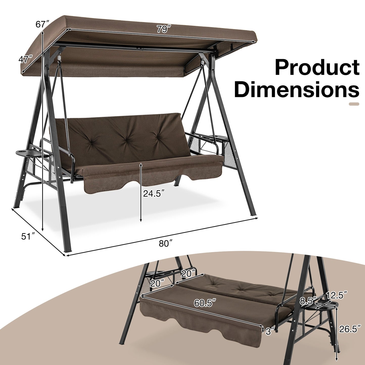 Convertible 3-Seat Patio Porch Swing Chair to Flat Bed with Adjustable Canopy-Brown Kids Crystal