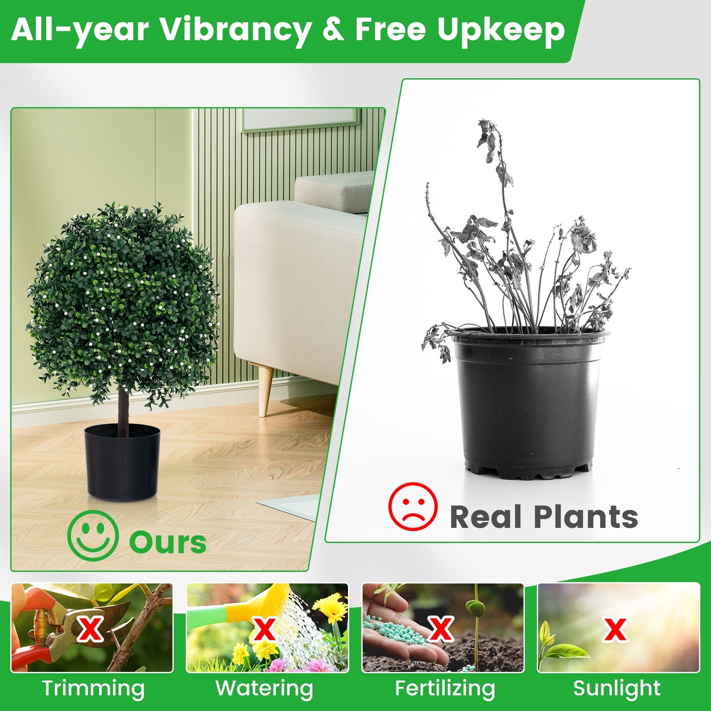 Artificial Boxwood Topiary Ball Tree Faux Bushes Ball Plants with UV Rated Leaves Kids Crystal