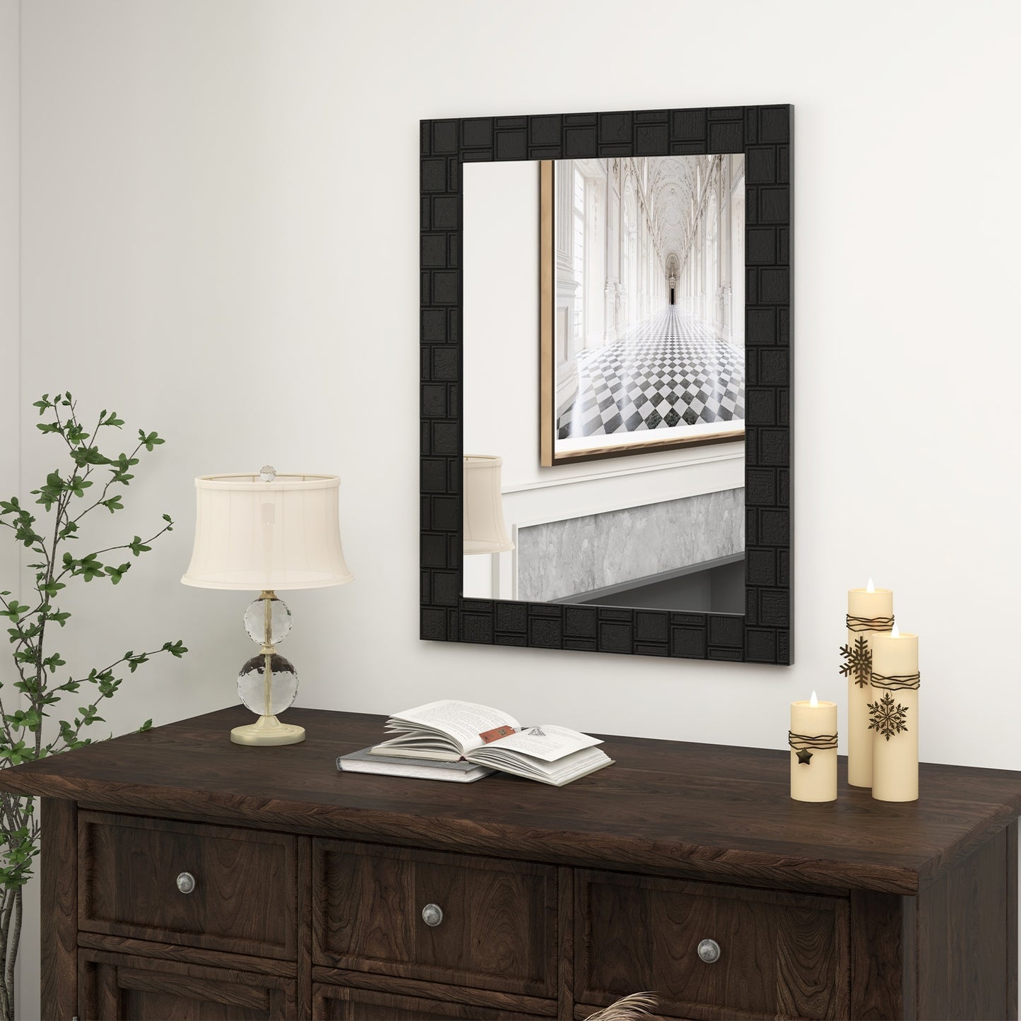 Wood Framed Wall Mirror Rectangle Vanity Mirror for Living Room Entryway-Black Kids Crystal