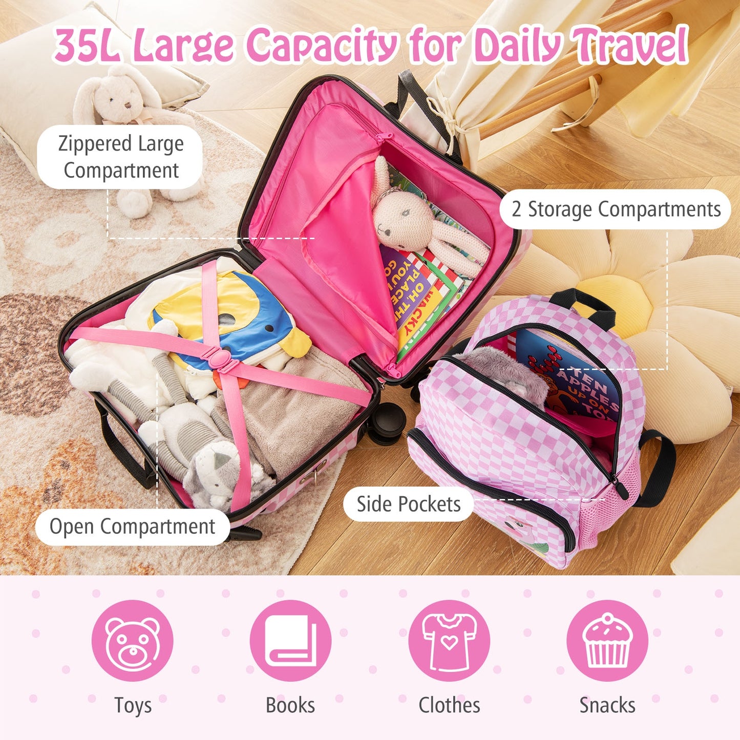 2 Pieces Kid Luggage Set with Spinner Wheels and Aluminum Handle-White &amp; Pink Kids Crystal