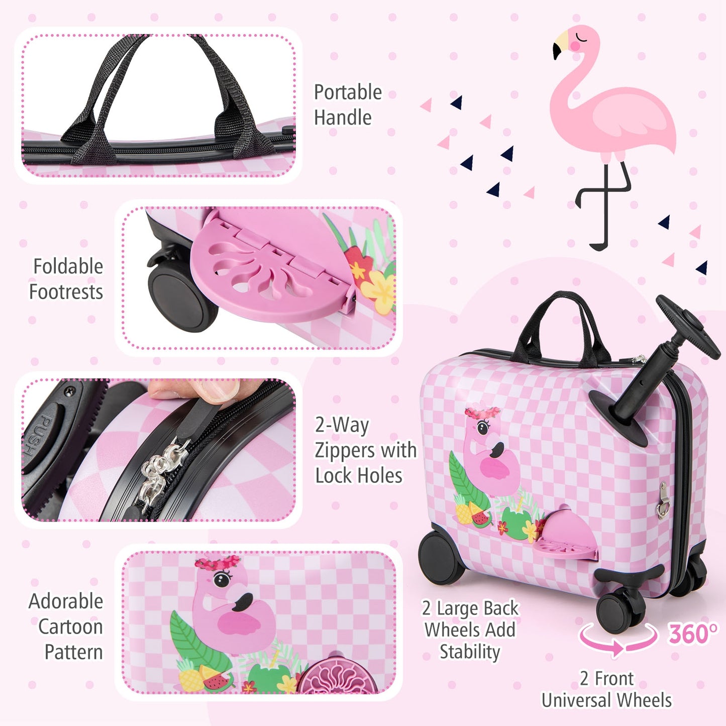 2 Pieces Kid Luggage Set with Spinner Wheels and Aluminum Handle-White &amp; Pink Kids Crystal
