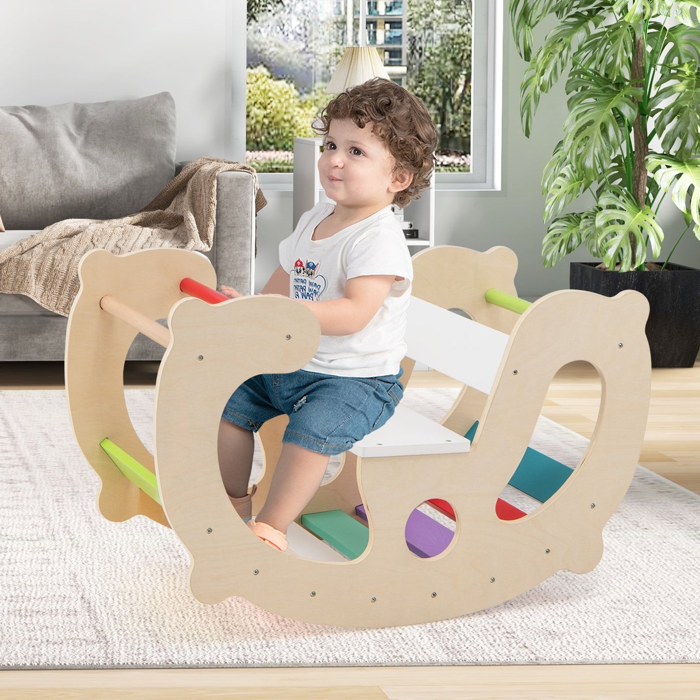 2-in-1 Rocking Horse Arch for Kids Montessori Climbing Toys with Arch Climber-Multicolor Kids Crystal
