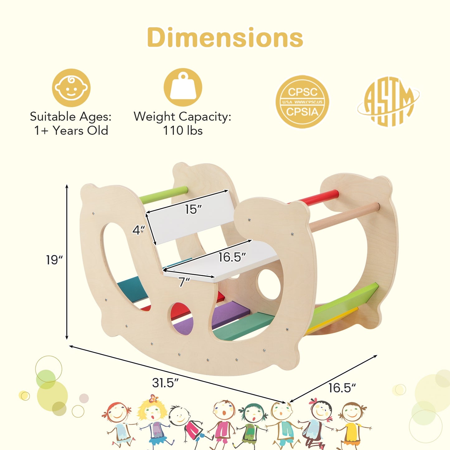 2-in-1 Rocking Horse Arch for Kids Montessori Climbing Toys with Arch Climber-Multicolor Kids Crystal