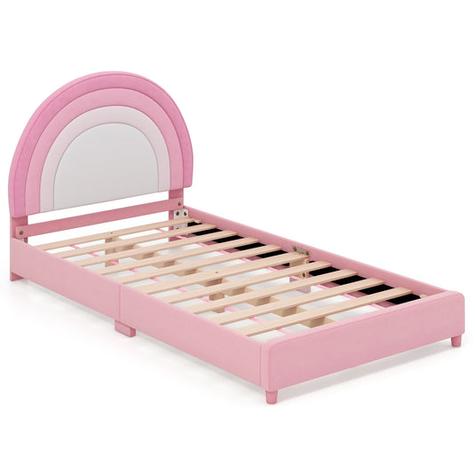 Twin Bed Frame with Height-Adjustable Headboard and Sturdy Wooden Slats-White & Pink Kids Crystal