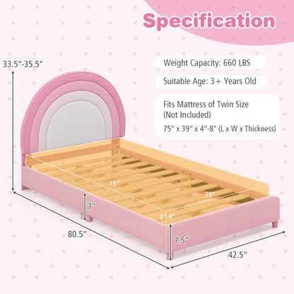 Twin Bed Frame with Height-Adjustable Headboard and Sturdy Wooden Slats-White & Pink