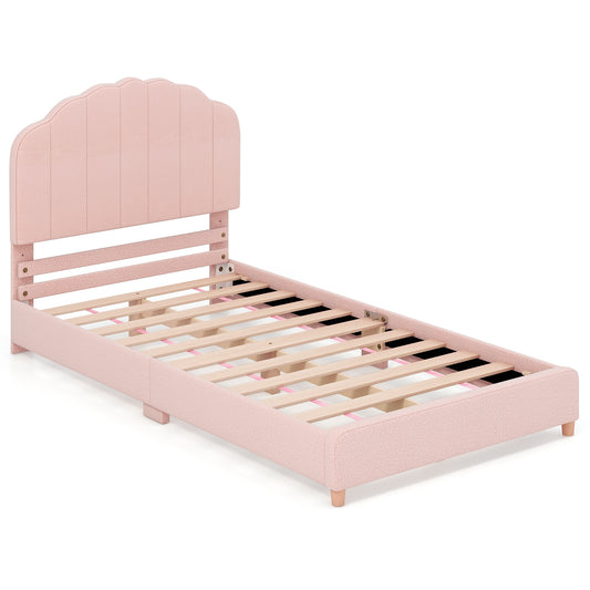 Twin Bed Frame with Height-Adjustable Headboard and Sturdy Wooden Slats-Pink Kids Crystal