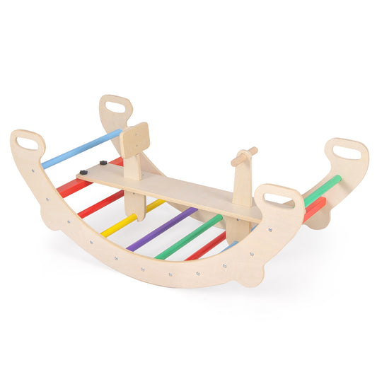 4-in-1 Multifunctional Wooden Climbing Toys with Rocker and Crawling Tunnel-Multicolor Kids Crystal