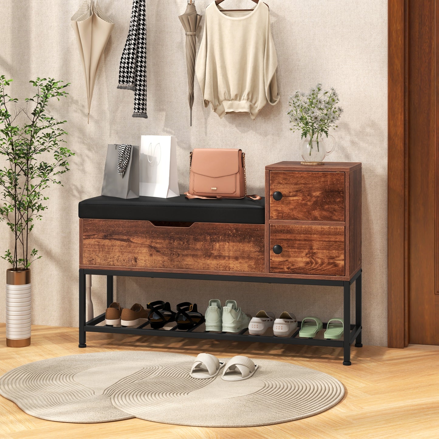 Entryway Bench with Flip Top Box and 2 Door Cabinets for Entryway-Rustic Brown Kids Crystal