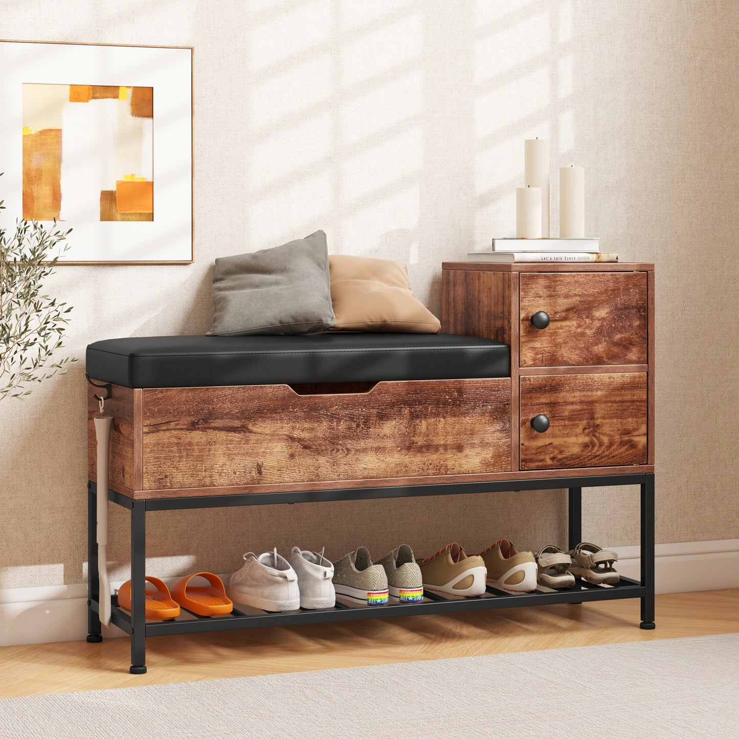 Entryway Bench with Flip Top Box and 2 Door Cabinets for Entryway-Rustic Brown Kids Crystal