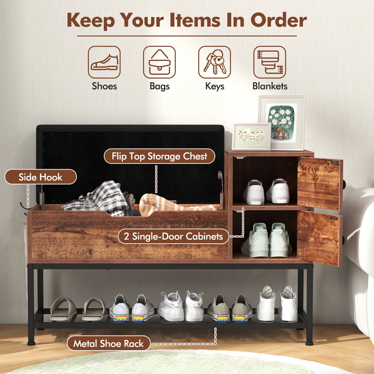 Entryway Bench with Flip Top Box and 2 Door Cabinets for Entryway-Rustic Brown Kids Crystal
