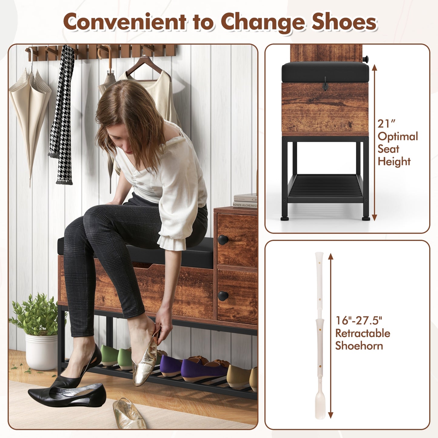 Entryway Bench with Flip Top Box and 2 Door Cabinets for Entryway-Rustic Brown Kids Crystal