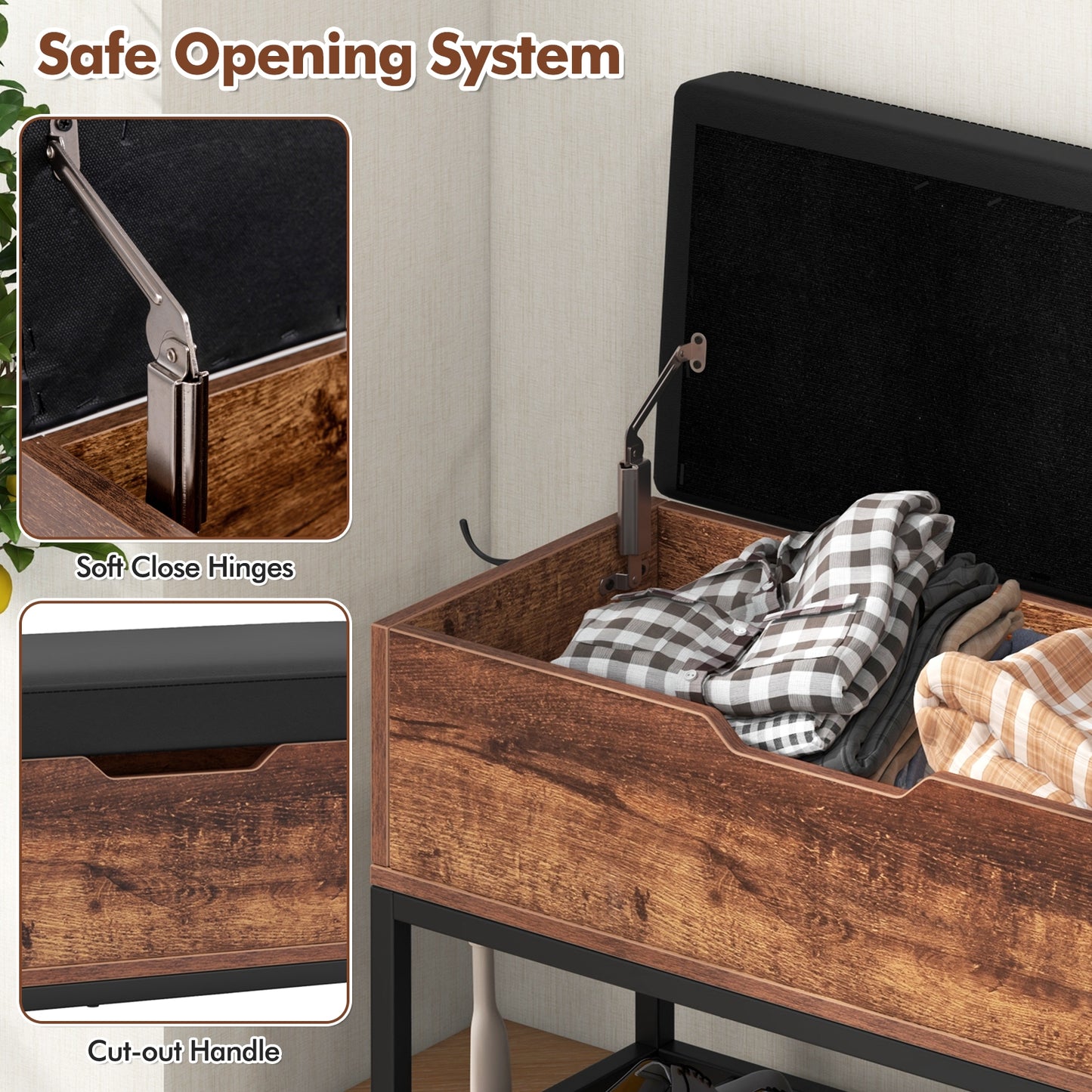 Entryway Bench with Flip Top Box and 2 Door Cabinets for Entryway-Rustic Brown Kids Crystal