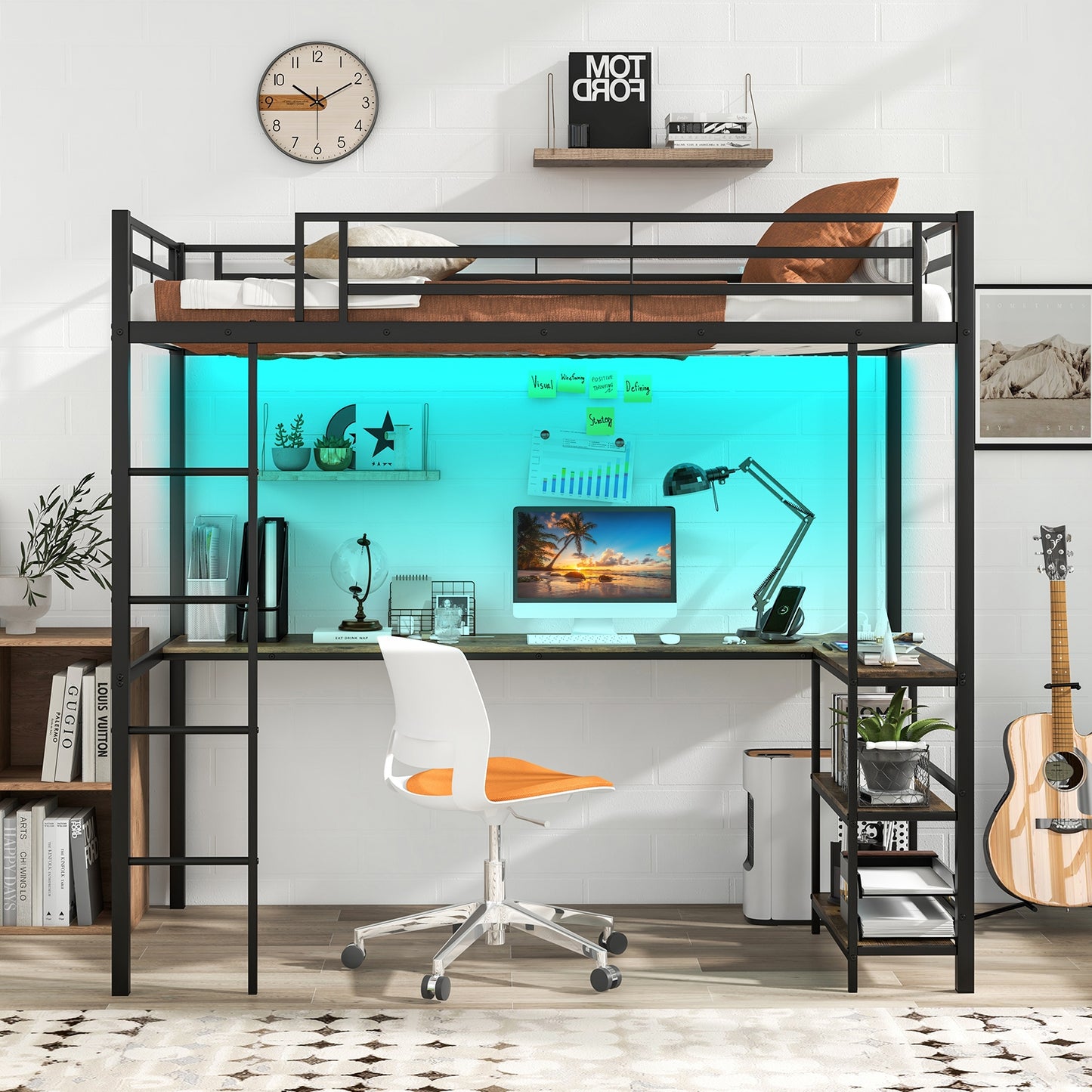 Twin Size Loft Bed Raised Platform Bed with Desk and 2 Storage Shelves-Black Kids Crystal