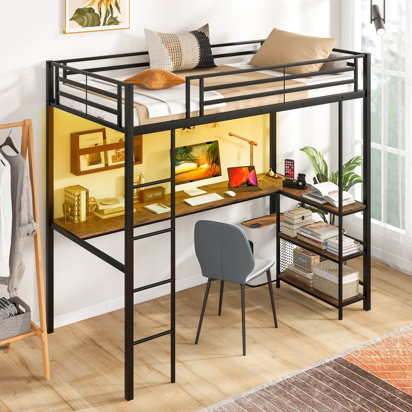 Twin Size Loft Bed Raised Platform Bed with Desk and 2 Storage Shelves-Black Kids Crystal