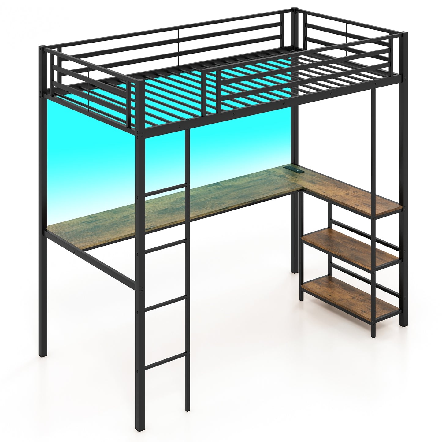 Twin Size Loft Bed Raised Platform Bed with Desk and 2 Storage Shelves-Black Kids Crystal