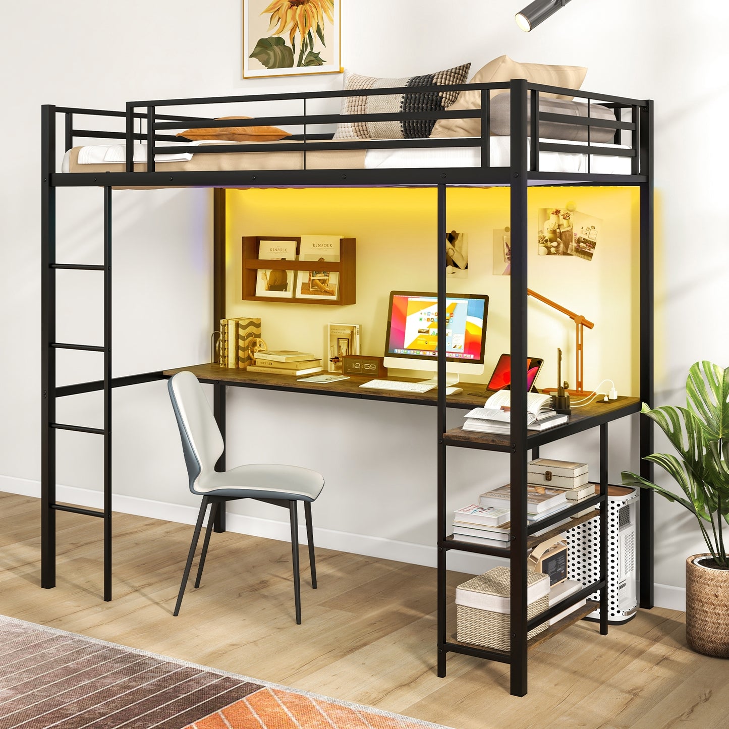 Twin Size Loft Bed Raised Platform Bed with Desk and 2 Storage Shelves-Black Kids Crystal