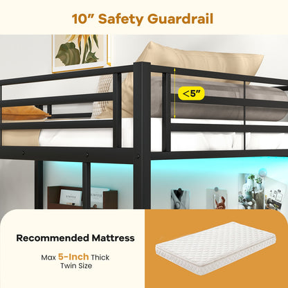 Twin Size Loft Bed Raised Platform Bed with Desk and 2 Storage Shelves-Black