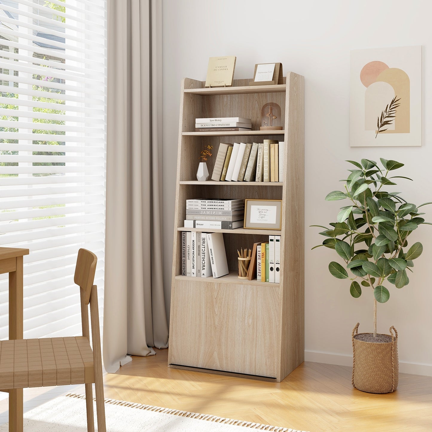 6-Tier Bookcase Freestanding Ladder Bookshelf with 2 Adjustable Shelves and Flip Up Door-Natural Kids Crystal