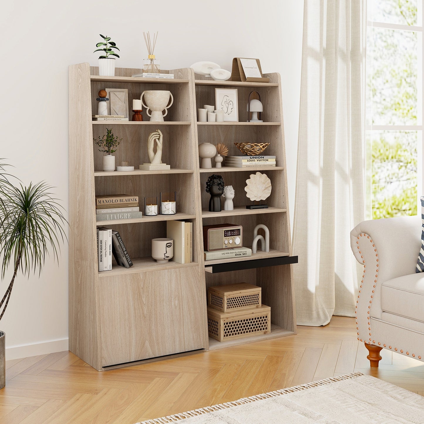 6-Tier Bookcase Freestanding Ladder Bookshelf with 2 Adjustable Shelves and Flip Up Door-Natural Kids Crystal