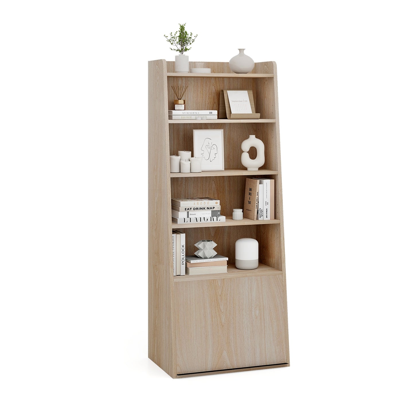 6-Tier Bookcase Freestanding Ladder Bookshelf with 2 Adjustable Shelves and Flip Up Door-Natural Kids Crystal