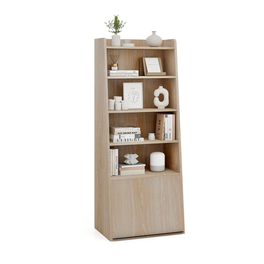 6-Tier Bookcase Freestanding Ladder Bookshelf with 2 Adjustable Shelves and Flip Up Door-Natural Kids Crystal