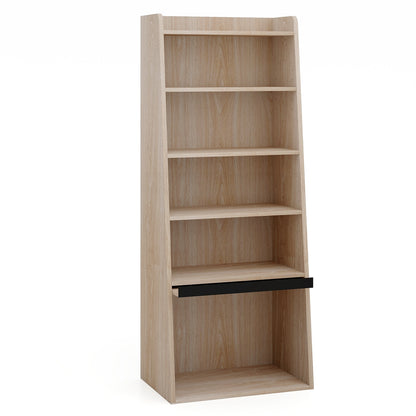 6-Tier Bookcase Freestanding Ladder Bookshelf with 2 Adjustable Shelves and Flip Up Door-Natural