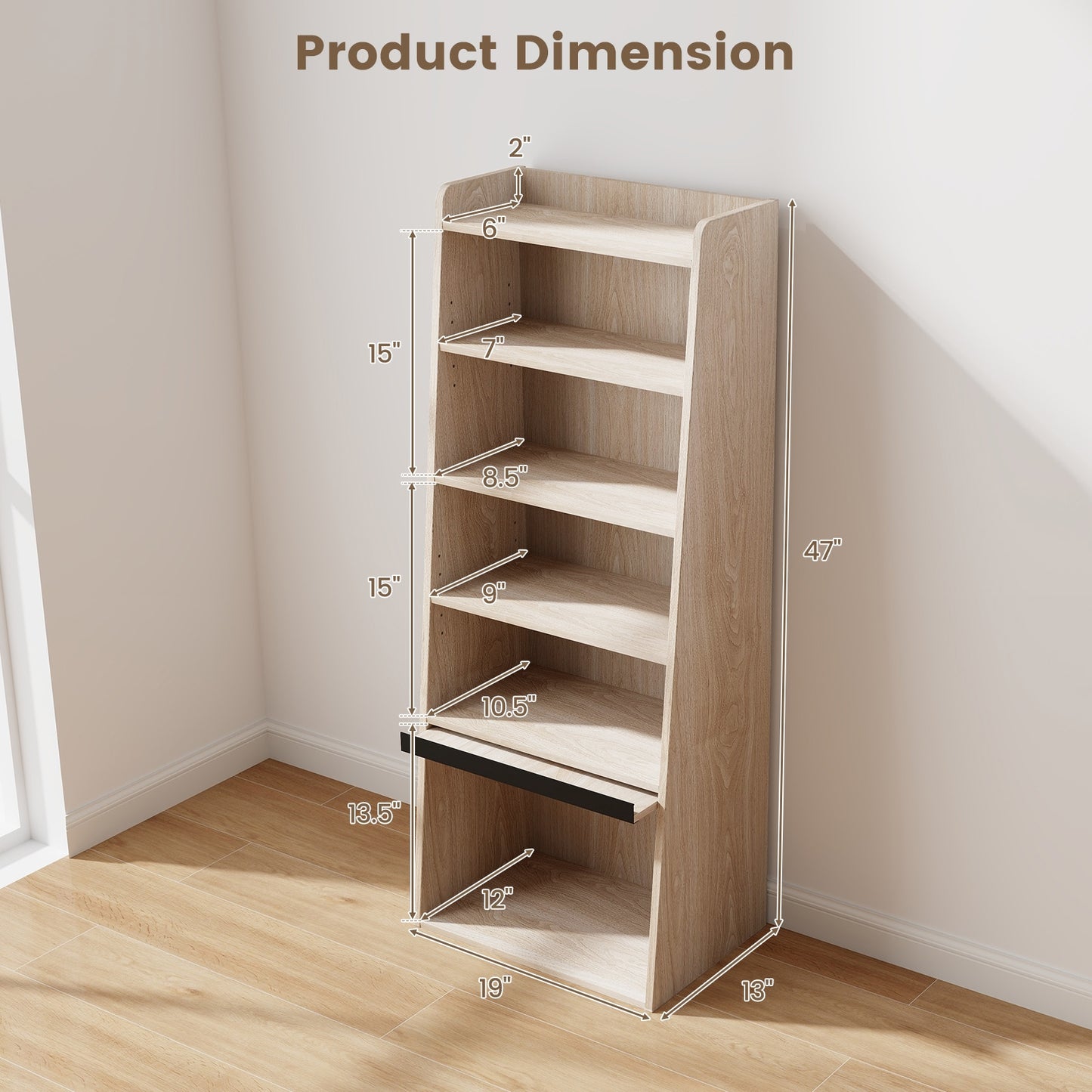6-Tier Bookcase Freestanding Ladder Bookshelf with 2 Adjustable Shelves and Flip Up Door-Natural Kids Crystal