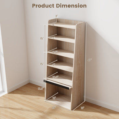 6-Tier Bookcase Freestanding Ladder Bookshelf with 2 Adjustable Shelves and Flip Up Door-Natural