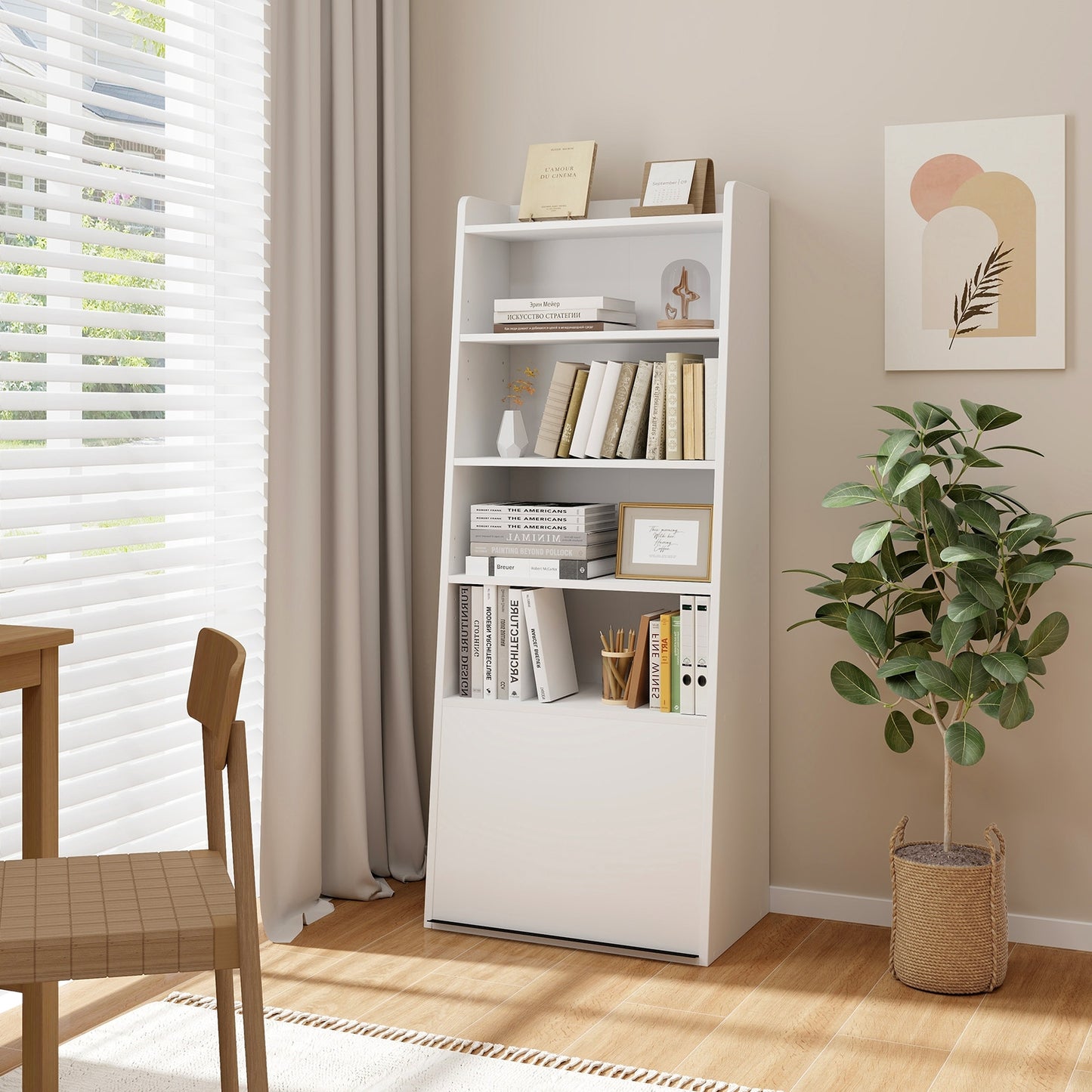 6-Tier Bookcase Freestanding Ladder Bookshelf with 2 Adjustable Shelves and Flip Up Door-White Kids Crystal