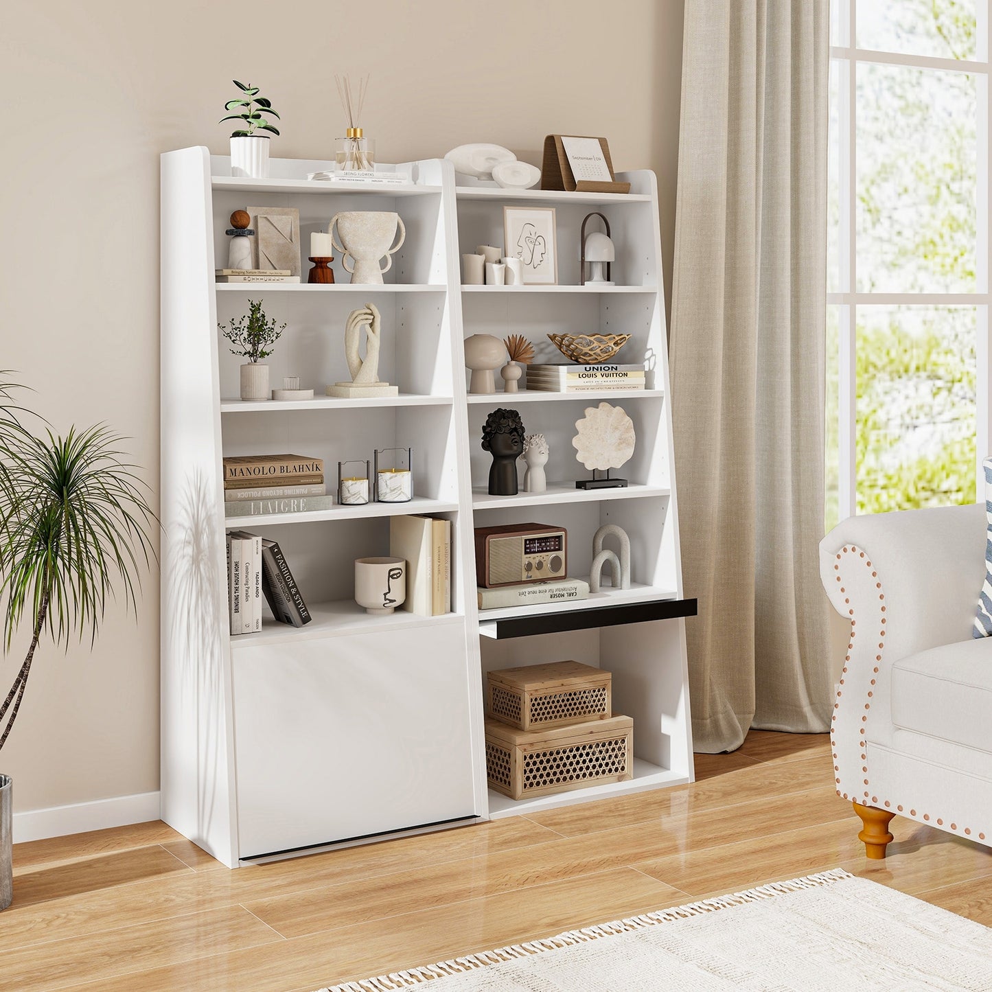 6-Tier Bookcase Freestanding Ladder Bookshelf with 2 Adjustable Shelves and Flip Up Door-White Kids Crystal